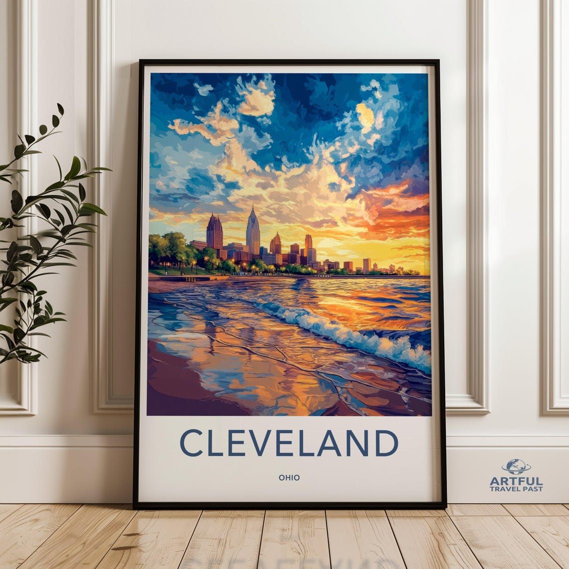 Cleveland Ohio Sunset City Skyline Over Lake Waves Travel Poster