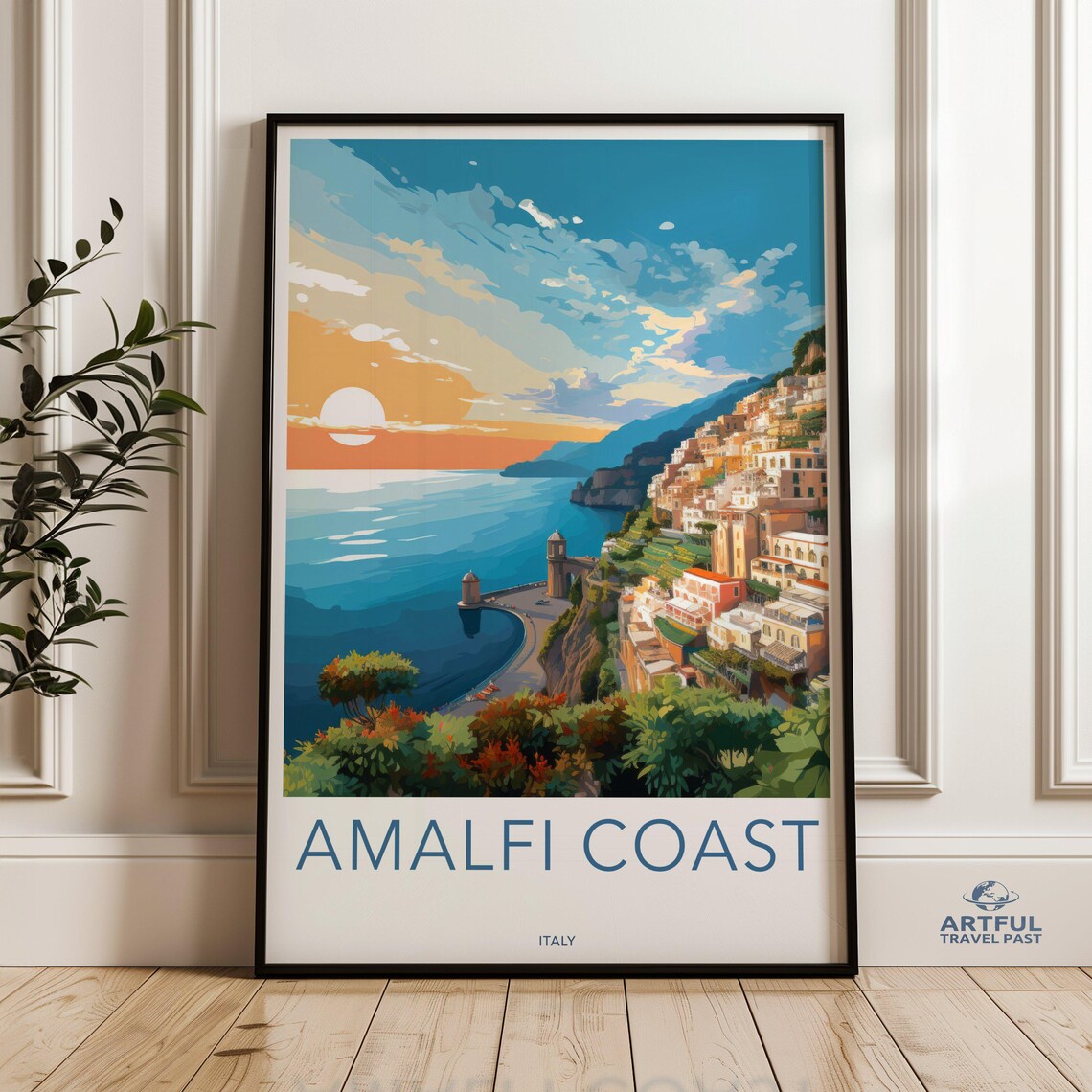 Amalfi Coast Italy Cliffside Town Sunset Vintage Travel Poster