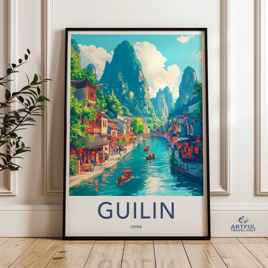 Guilin China Karst Mountains River Lanterns Retro Travel Poster Art