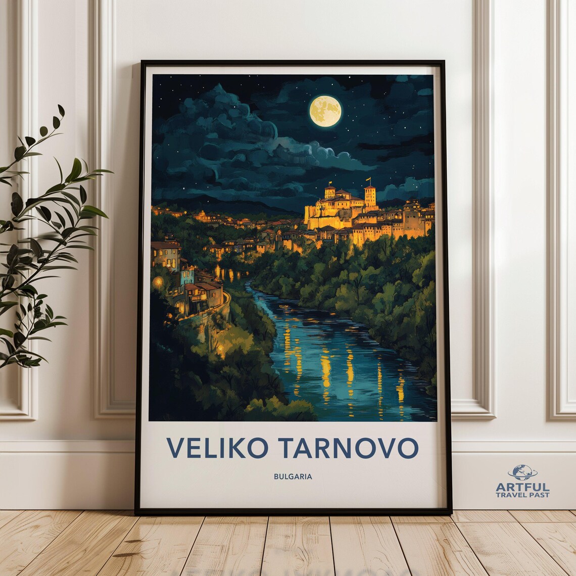 Veliko Tarnovo Bulgaria Moonlit River City Night Travel Poster
