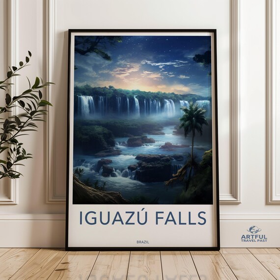 Iguazu Falls Brazil Night Waterfall Under Stars Scenic Travel Poster