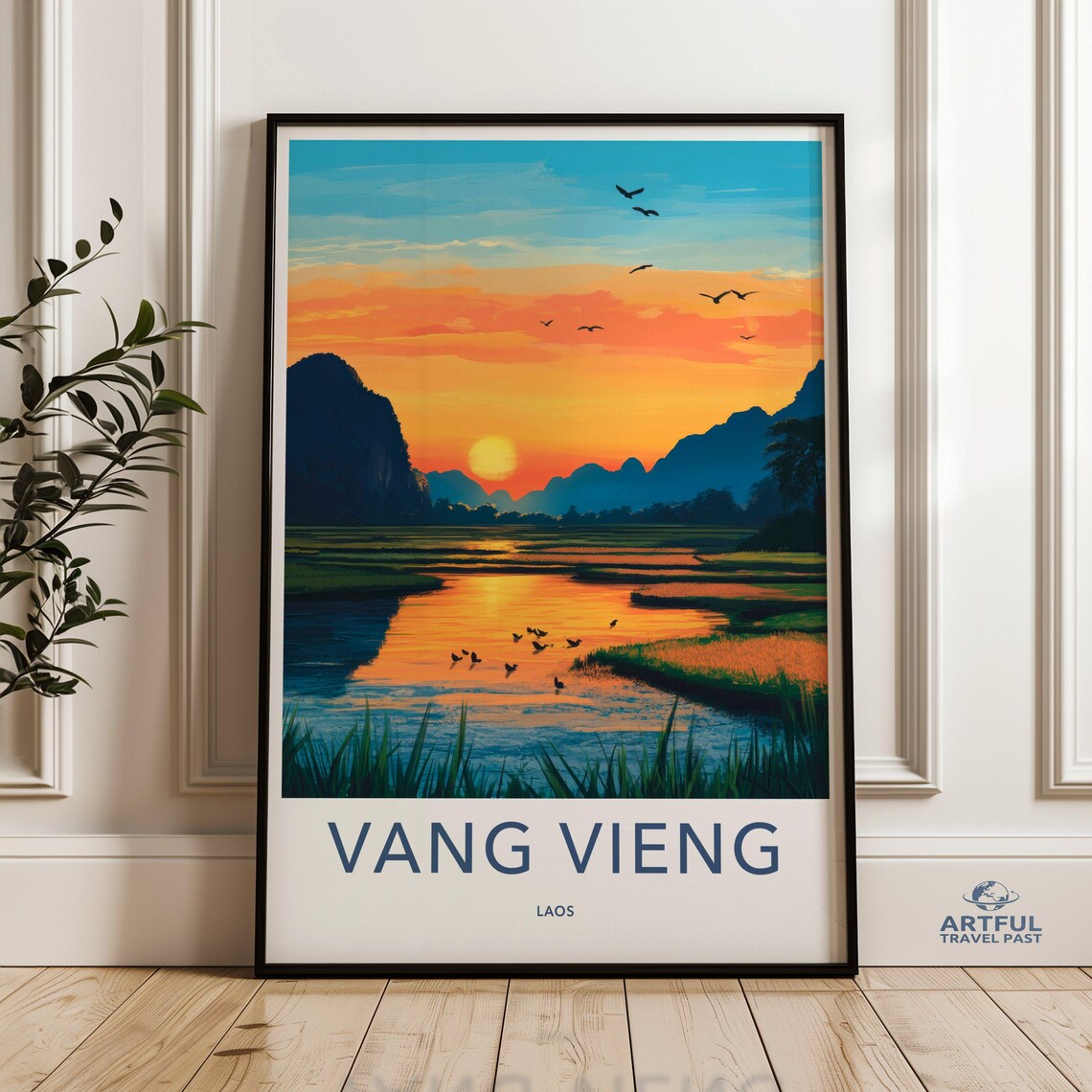 Vang Vieng Laos Rice Paddy Sunset Karst River Vintage Travel Poster