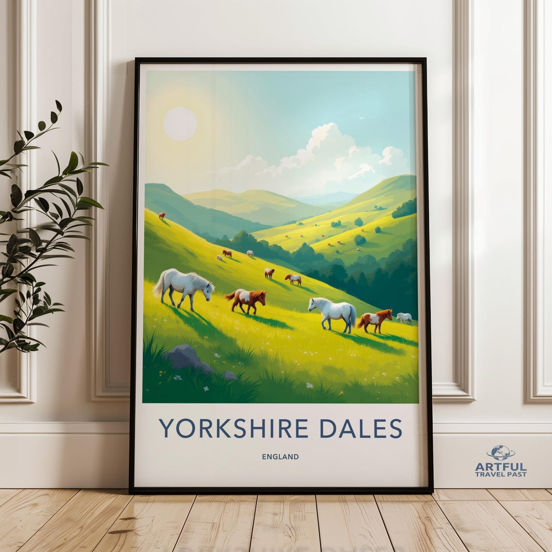 Yorkshire Dales England Horses Grazing Green Hills Travel Poster