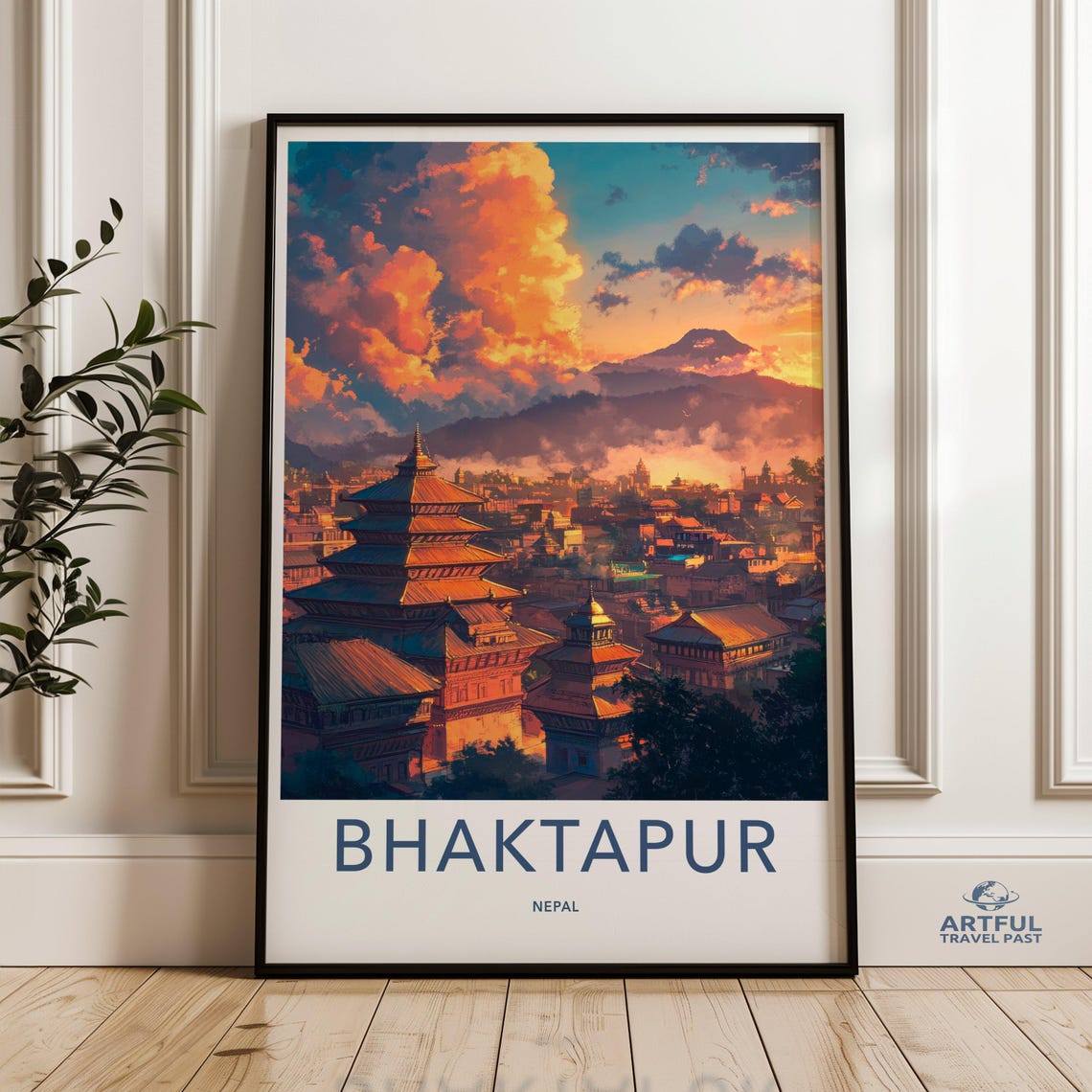 Bhaktapur Nepal Ancient Temples Dramatic Sunset Travel Poster