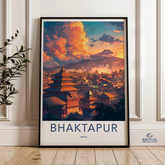 Bhaktapur Nepal Sunset Cityscape Wall Art Vibrant City Skyline Print Himalayan Town Home Decor Colorful Landscape Poster