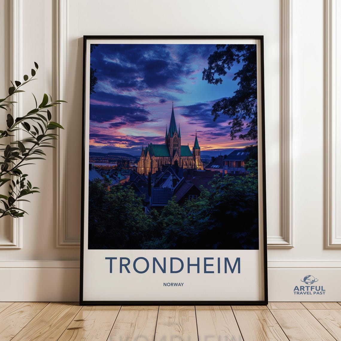 Trondheim Norway Illuminated Cathedral Violet Sunset Travel Poster