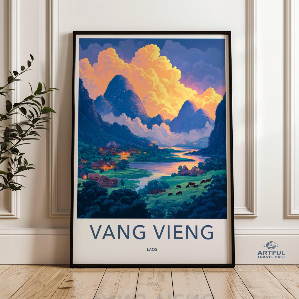 Vang Vieng Laos Vintage Travel Poster Sunset Mountain River Village