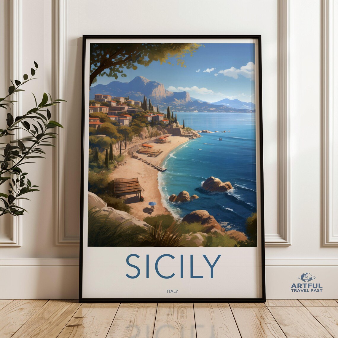 Sicily Italy Coastal Beach Turquoise Sea Vintage Travel Poster