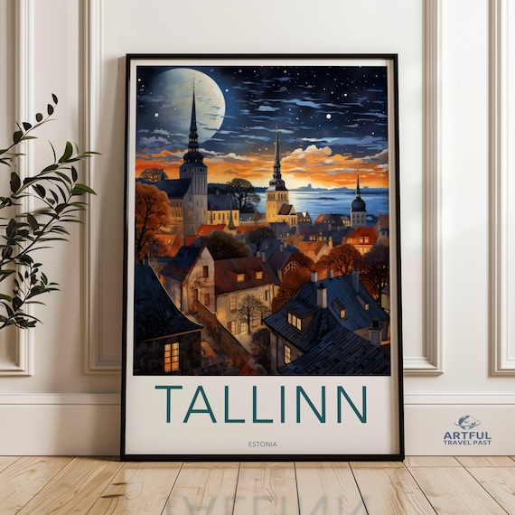 Tallinn Estonia Moonrise Old Town Spires Night Travel Poster
