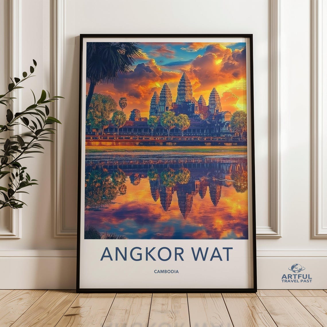 Angkor Wat Cambodia Temple at Sunset Reflection Travel Poster