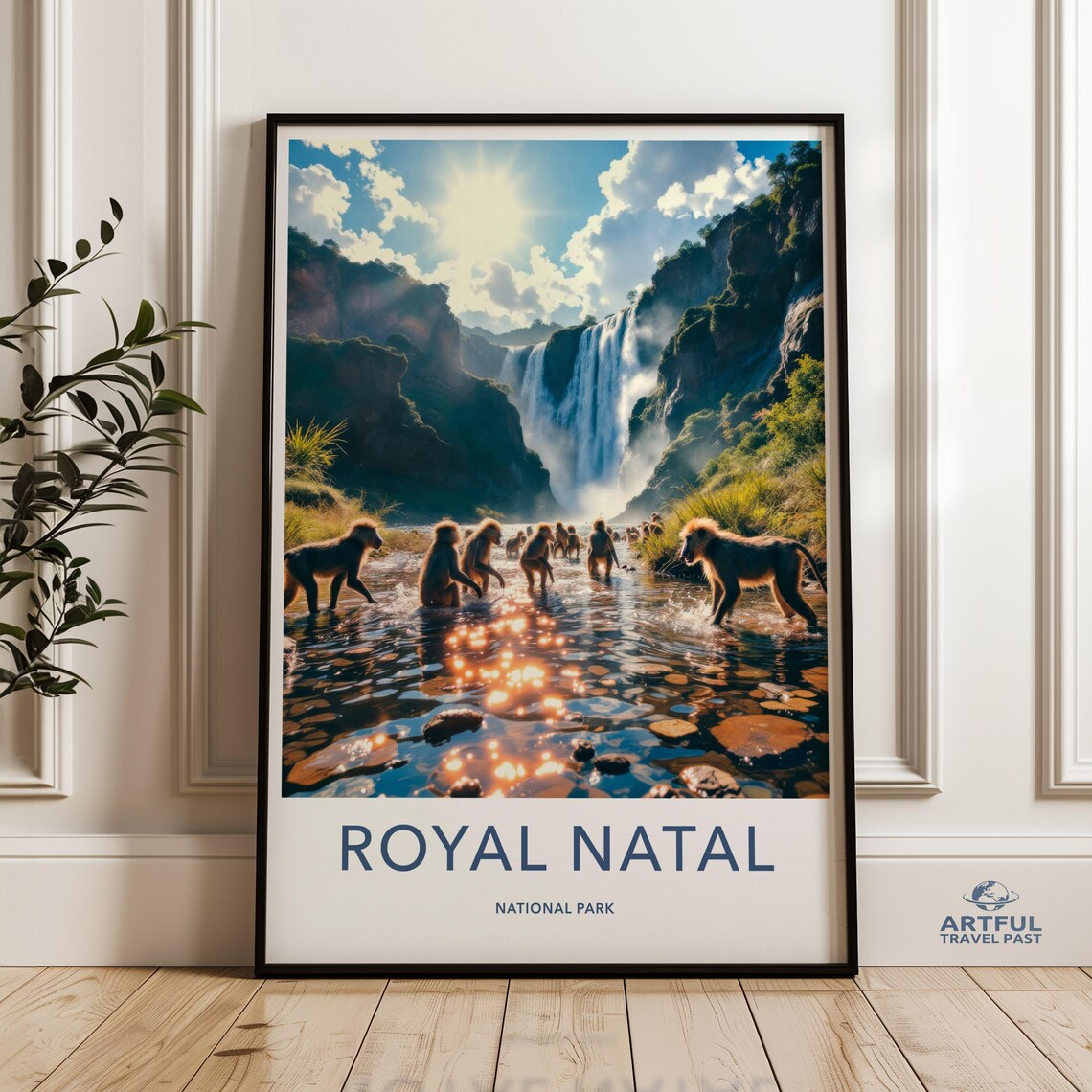 Royal Natal National Park Waterfall Baboons Vintage Travel Poster