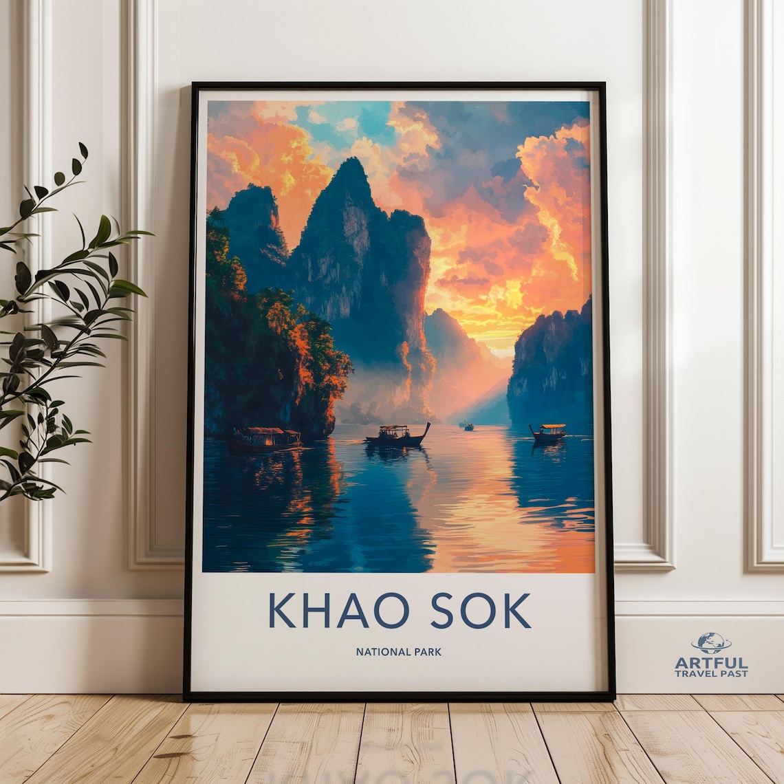 Khao Sok National Park Sunrise Over Limestone Karsts and Boats Poster