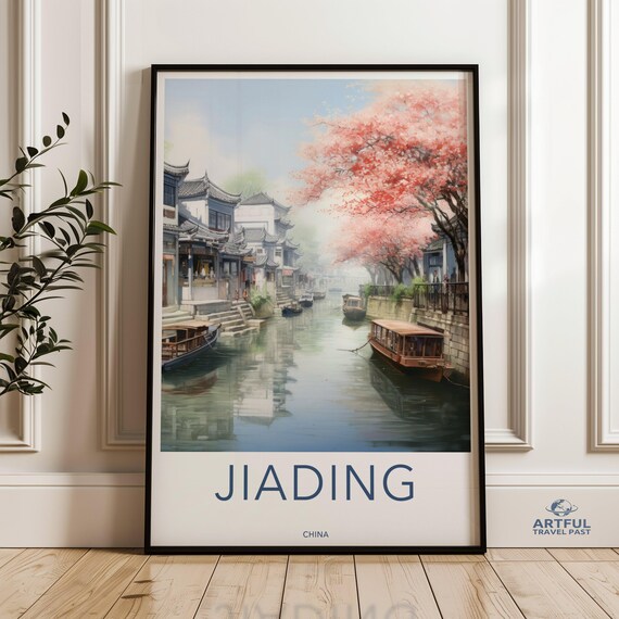 Jiading China Cherry Blossom Canal Boat Scene Travel Art Poster