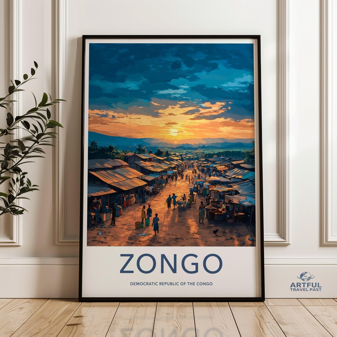 Zongo Congo Market Street Sunset Vintage Travel Poster Africa Art