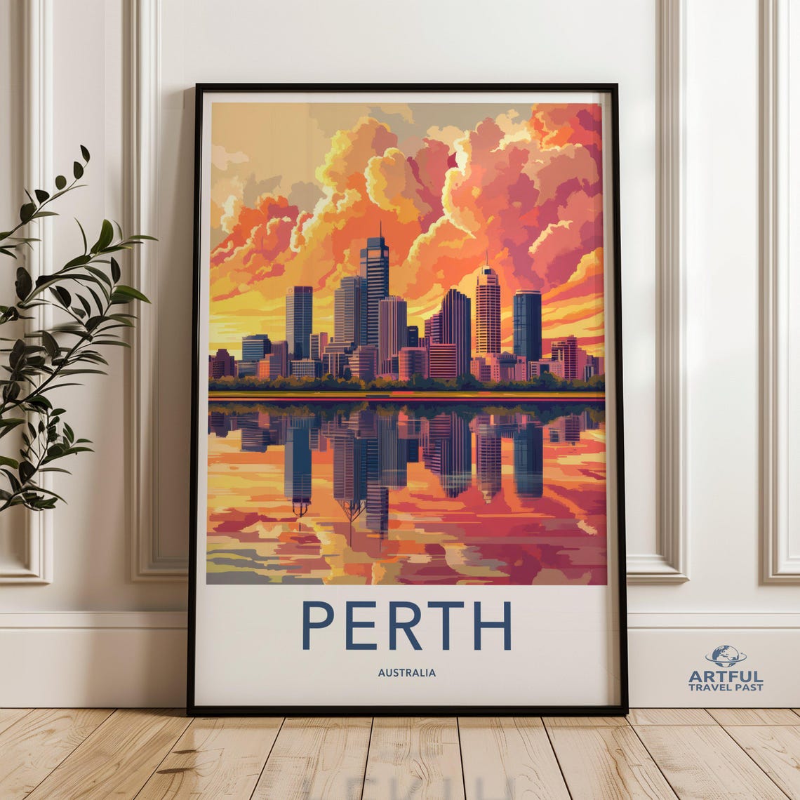 Perth Australia Sunset Skyline River Reflection Travel Poster