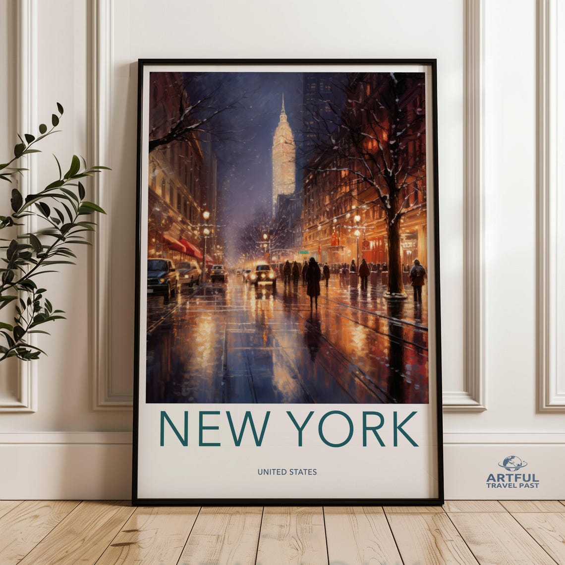 New York Night Street Glowing Tower Rainy City Vintage Travel Poster