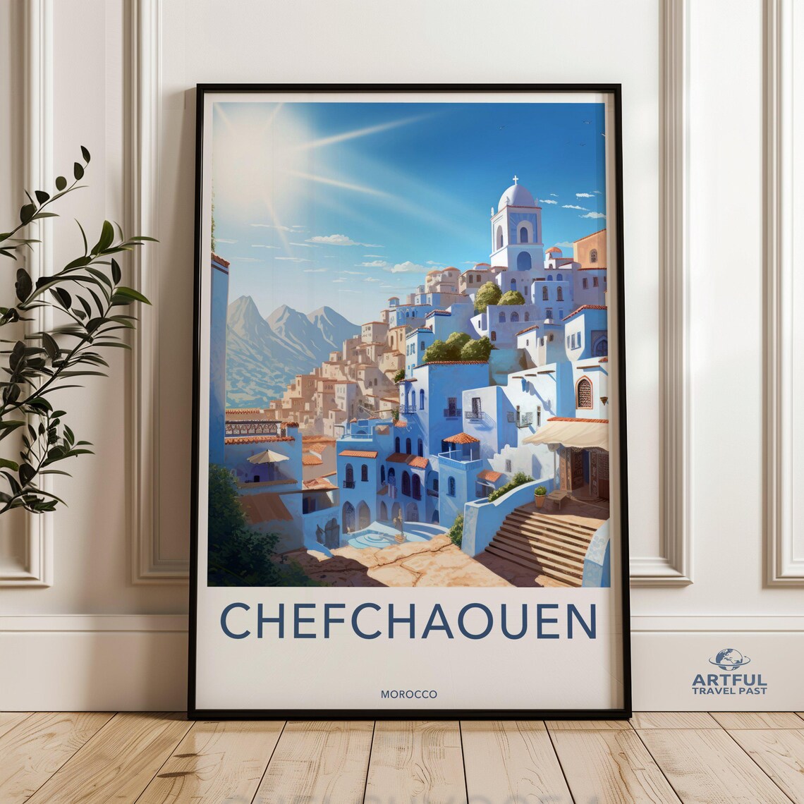 Chefchaouen Morocco Blue Medina Morning Sun Mountains Travel Poster