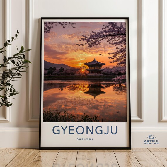 Gyeongju South Korea Pavilion Sunset Cherry Blossom Travel Poster