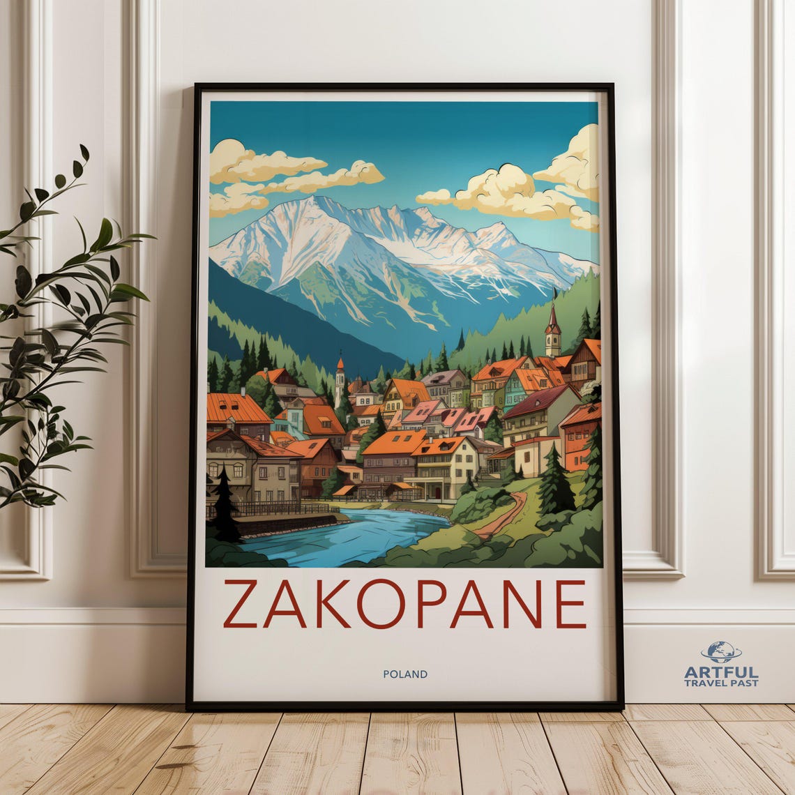 Zakopane Poland Red Rooftop Village Snowy Mountain Travel Poster