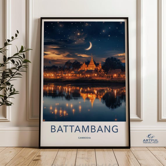 Battambang Cambodia Wall Art Night Sky Decor Crescent Moon And Stars Peaceful Town Reflection Travel Poster Print