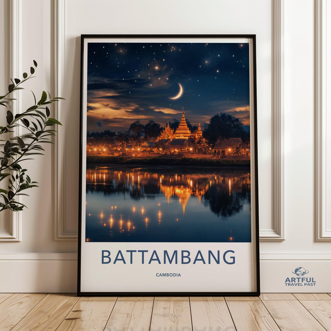 Battambang Cambodia Wall Art Night Sky Decor Crescent Moon And Stars Peaceful Town Reflection Travel Poster Print
