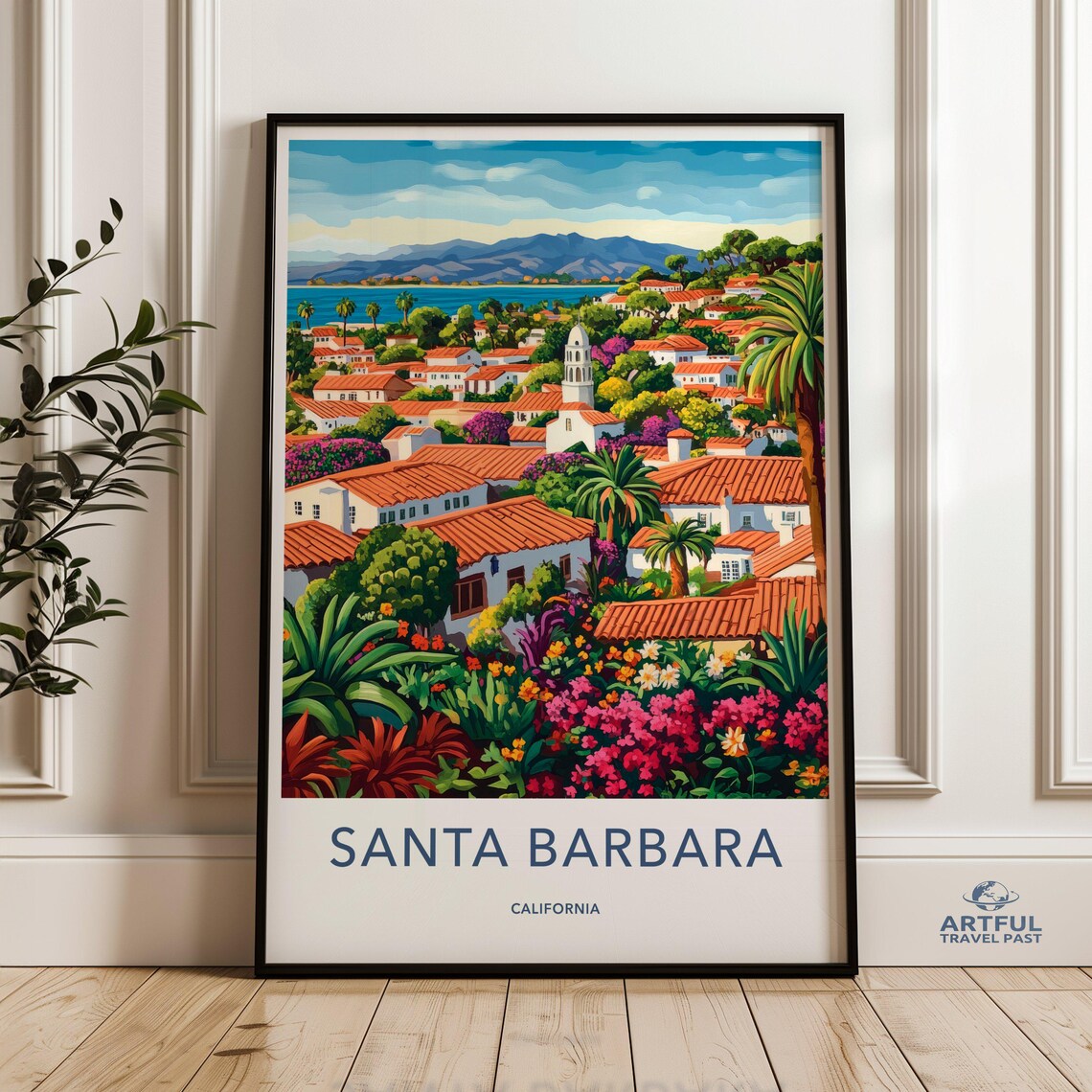 Santa Barbara California Red Roof Coastal Cityscape Travel Poster