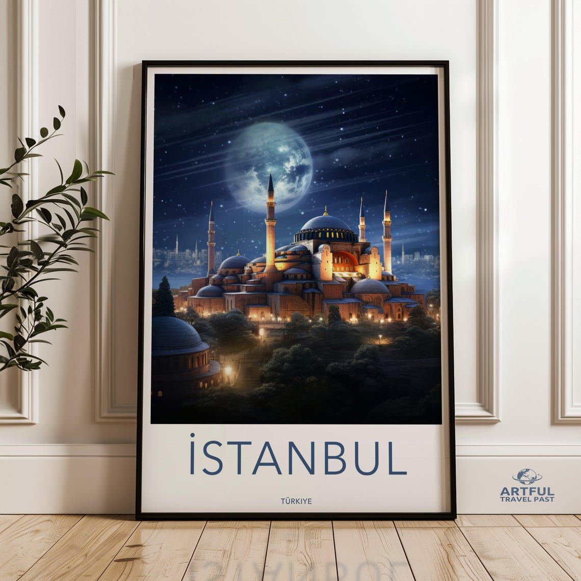 Istanbul Turkiye Hagia Sophia Full Moon Starry Night Travel Poster