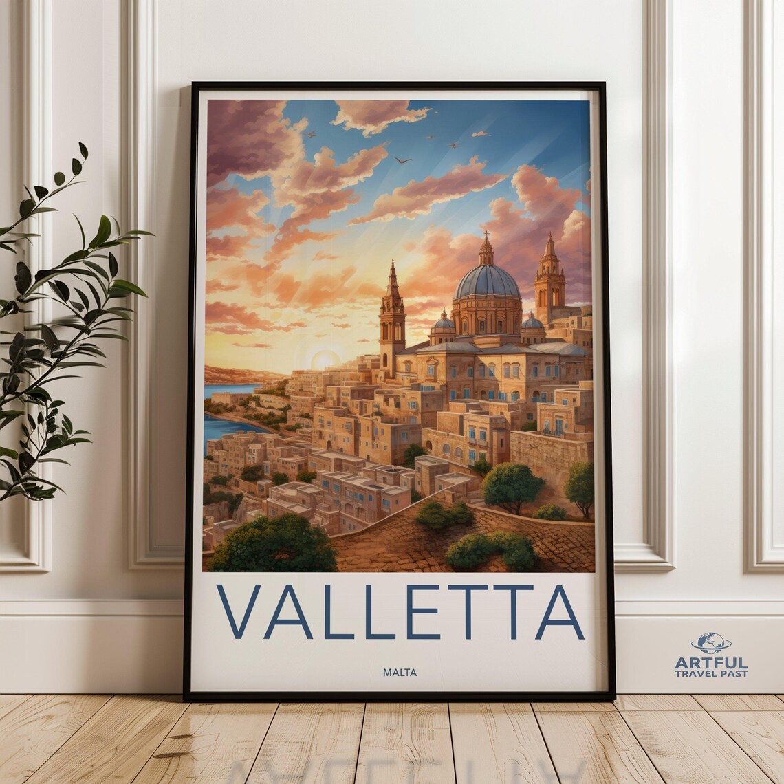 Valletta Malta Golden Sunrise Dome Cathedral Vintage Travel Poster