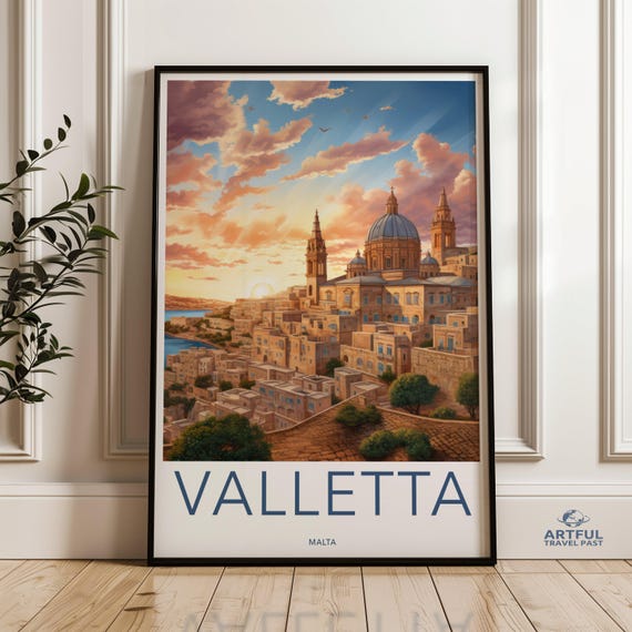Valletta Malta Travel Poster Vintage Wall Art Retro Cityscape Print Mediterranean Architecture Scenic Sunset Artwork