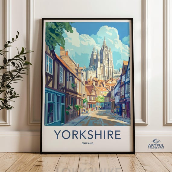 Yorkshire England Cityscape Wall Art Colorful Town Scene Print Charming English Village Poster Architectural Artwork