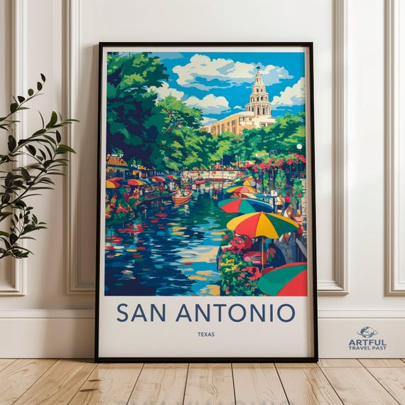 San Antonio Wall Art Colorful Riverwalk Scene Skyline Print Texas Cityscape Poster Vibrant For Home Decor