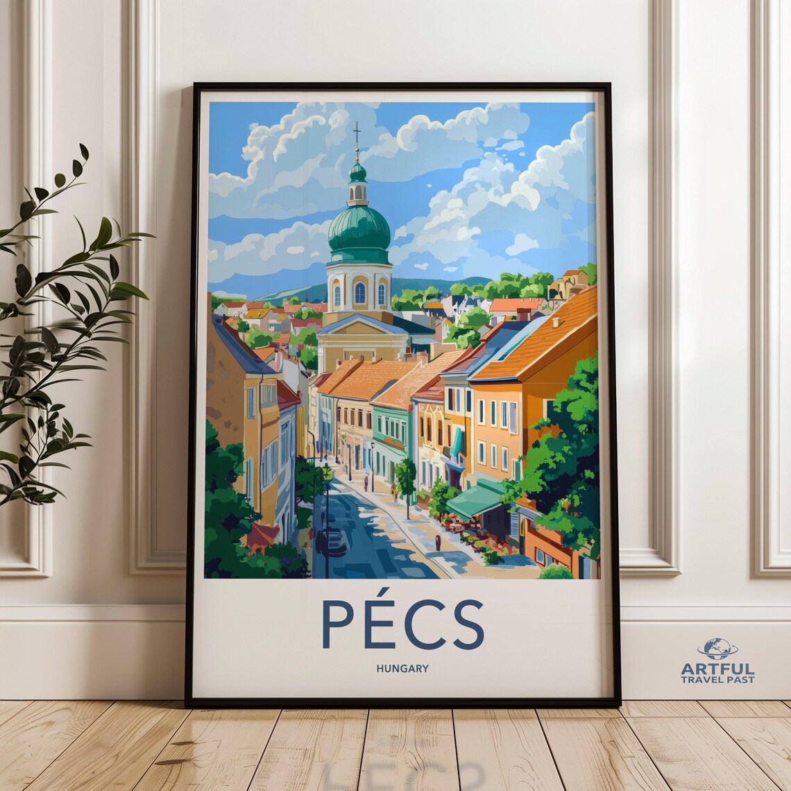 Pecs Hungary Colorful Cityscape Church Street Travel Art Poster