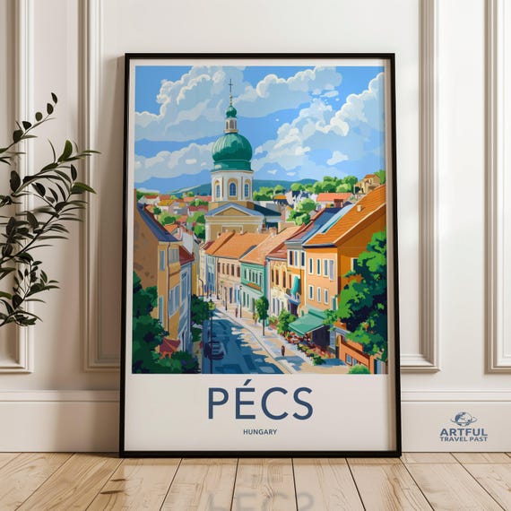 Pecs Hungary Wall Art Print Cityscape Poster Travel Themed Home Decor European City Illustration Vibrant Street Scene