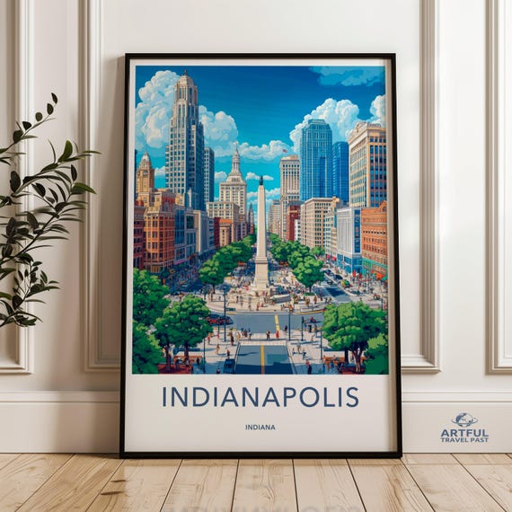 Indianapolis Indiana Wall Art Cityscape Print Downtown Skyline Travel Poster Monument Circle City Scene Artwork Home Decor