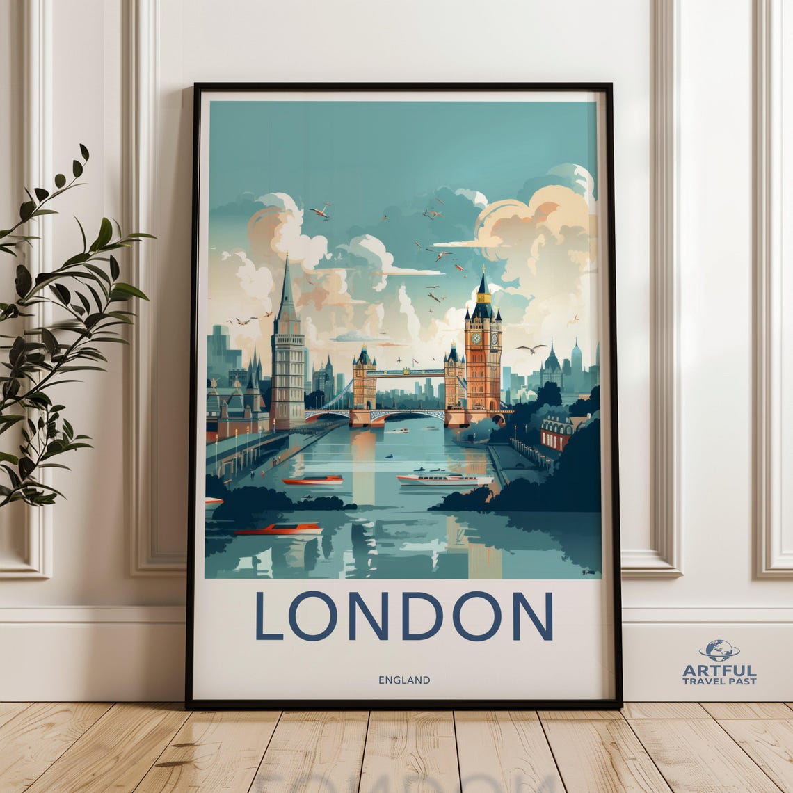 London England Tower Bridge Big Ben Thames River Travel Poster