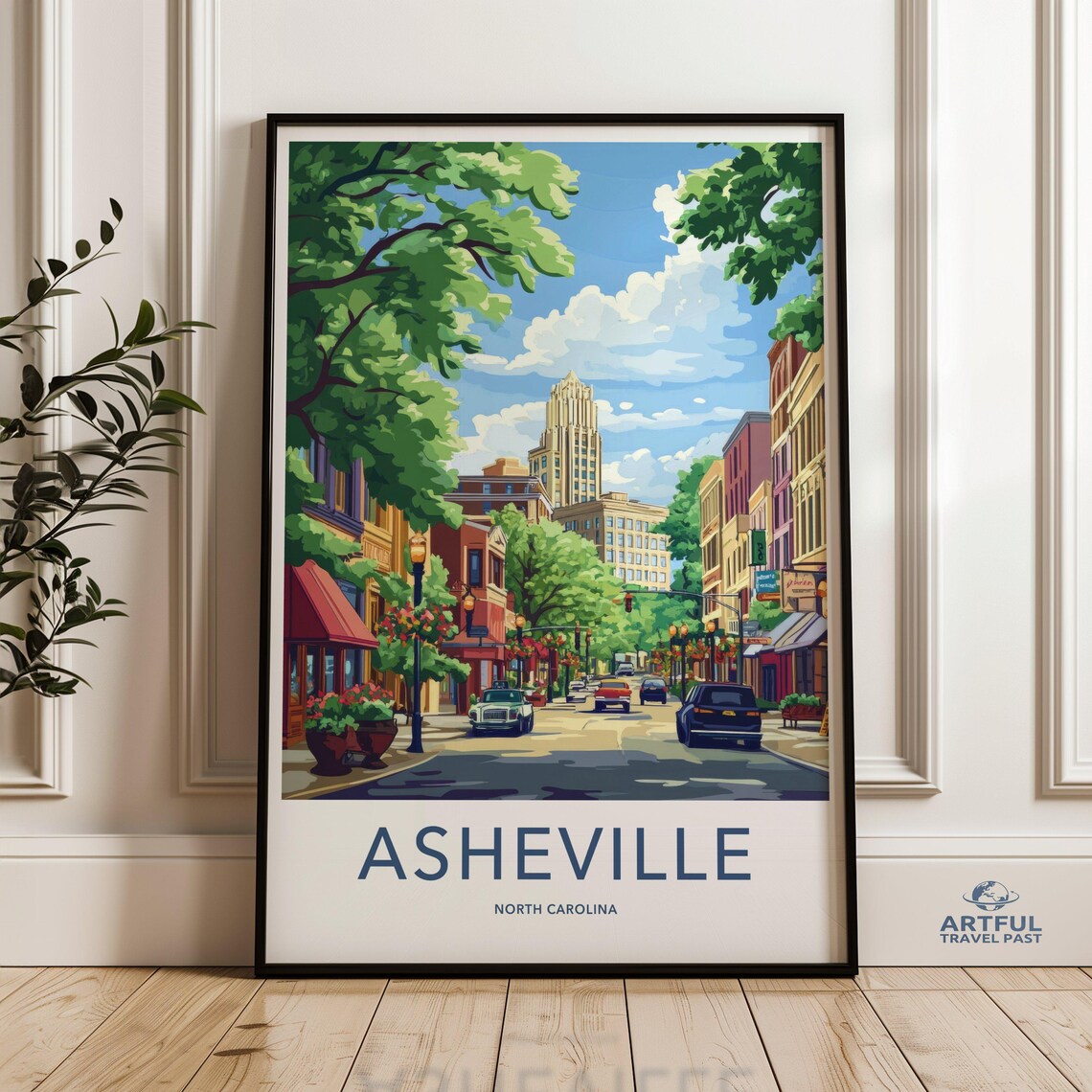 Asheville Wall Art Print North Carolina Cityscape Poster Colorful Downtown Street Urban Decor Travel Souvenir