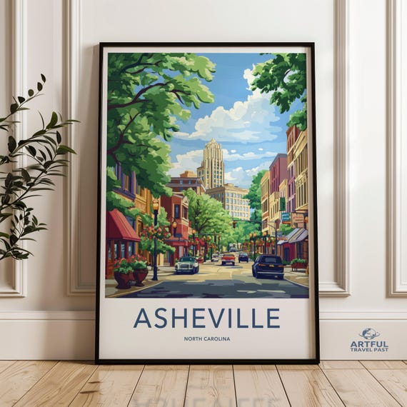 Asheville Wall Art Print North Carolina Cityscape Poster Colorful Downtown Street Urban Decor Travel Souvenir