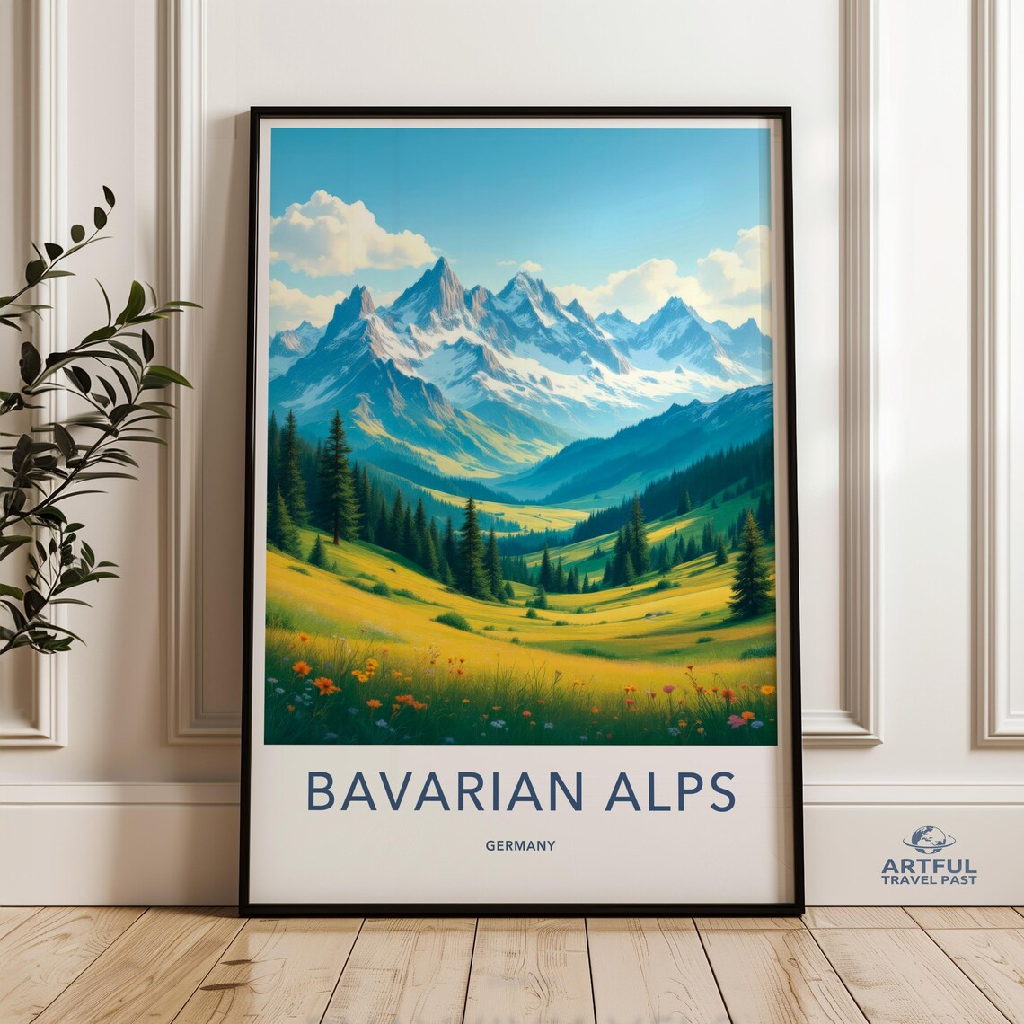 Bavarian Alps Germany Snowy Peaks Meadow Wildflowers Travel Poster