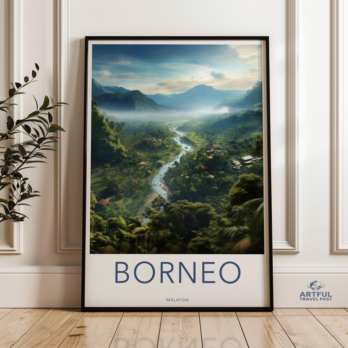 Borneo Malaysia Misty Rainforest Valley River Vintage Travel Poster