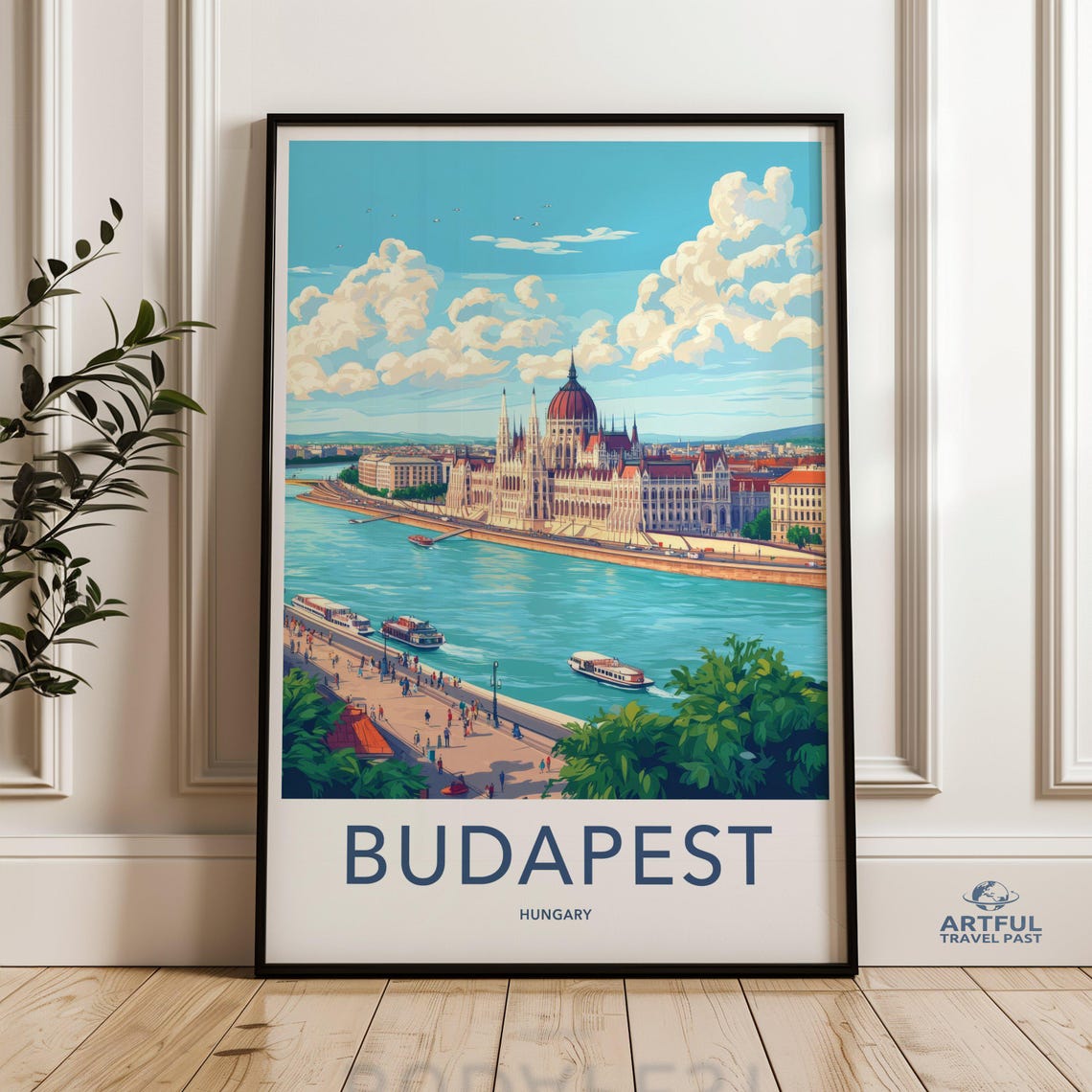 Budapest Hungary Parliament Danube Riverside Vintage Travel Poster