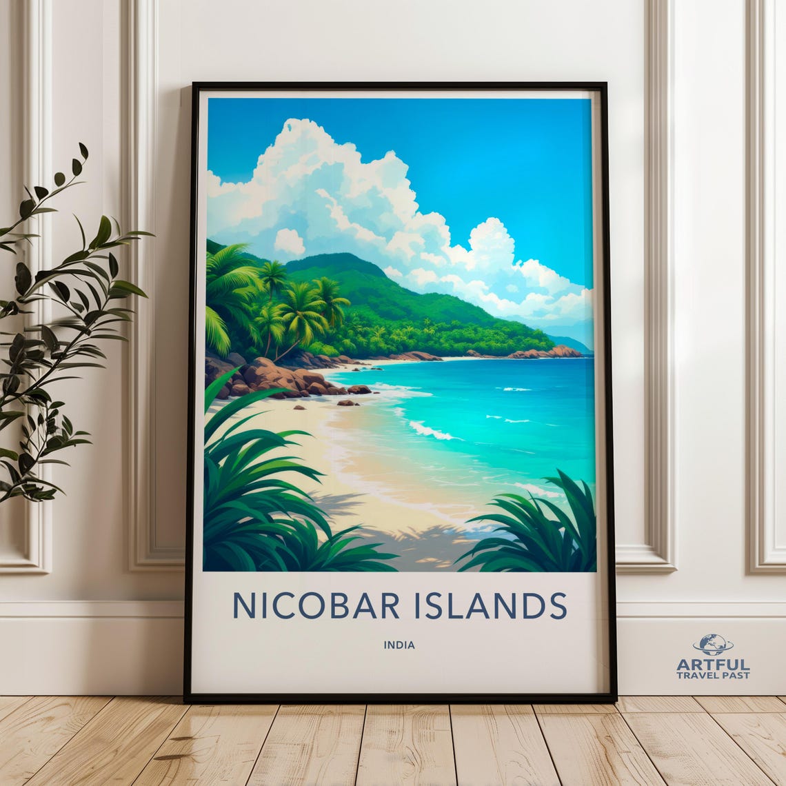 Nicobar Islands India Travel Poster Tropical Beach Palm Lagoon Scene