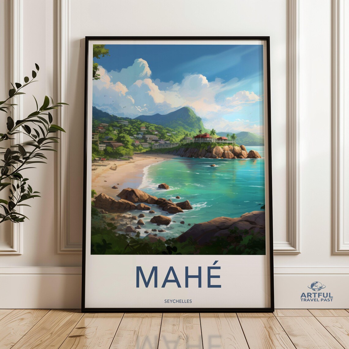 Mahe Seychelles Vintage Travel Poster Turquoise Tropical Beach View