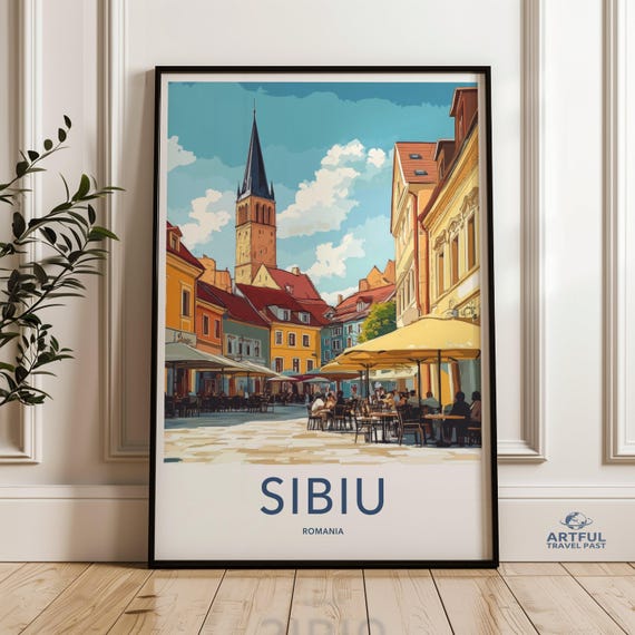 Sibiu Romania Wall Art Historic Cityscape Print Travel Poster Vibrant Street Scene European Architecture Decor Cafe Life
