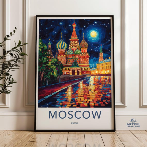 Colorful Moscow Nightscape Wall Art Russia Cityscape Poster Vibrant St Basils Cathedral Print Urban Home Decor