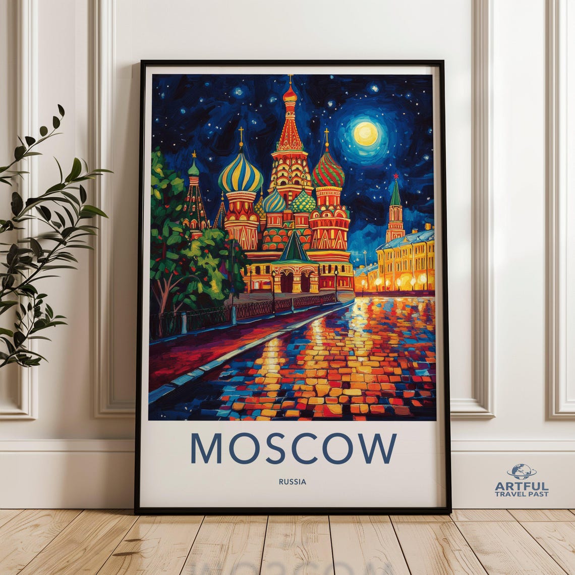 Moscow Russia St Basils Cathedral Night Skyline Travel Poster