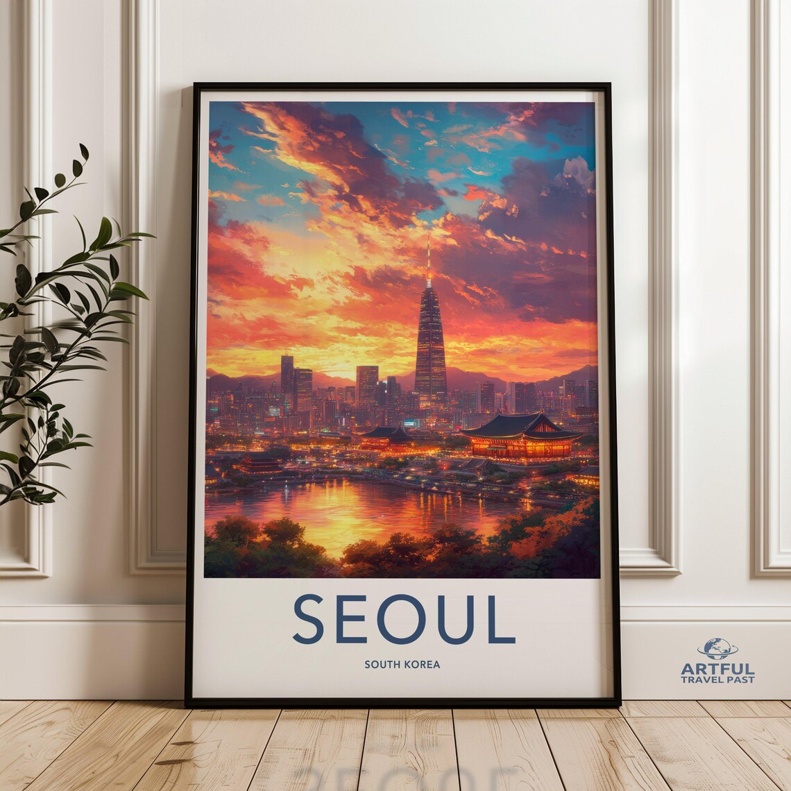 Seoul South Korea Sunset Skyline Tower Palace Riverside Travel Poster