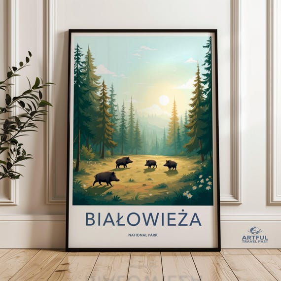 Bialowieza National Park Wild Boars Illustration Scenic Forest Landscape Nature Wildlife Wall Art Outdoor Adventure Artwork