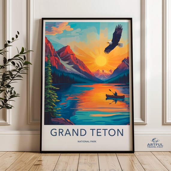 Grand Teton National Park Sunset Lake Canoe Bald Eagle Travel Poster