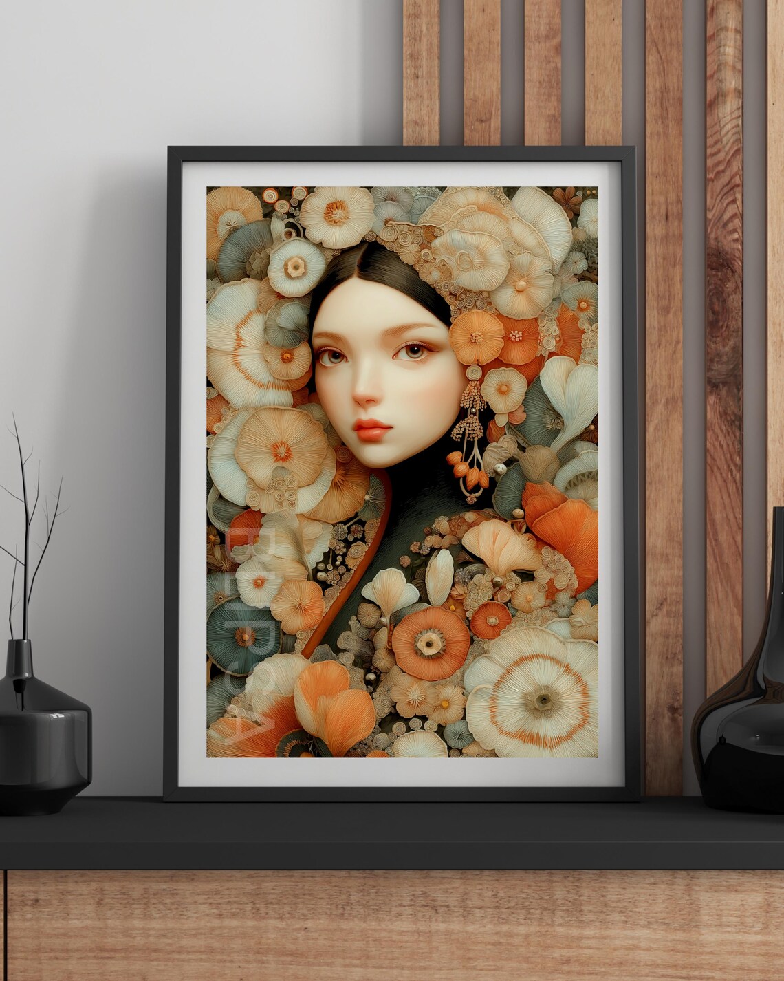 Woman Surrounded by Flowers Dreamy Botanical Portrait Art Poster