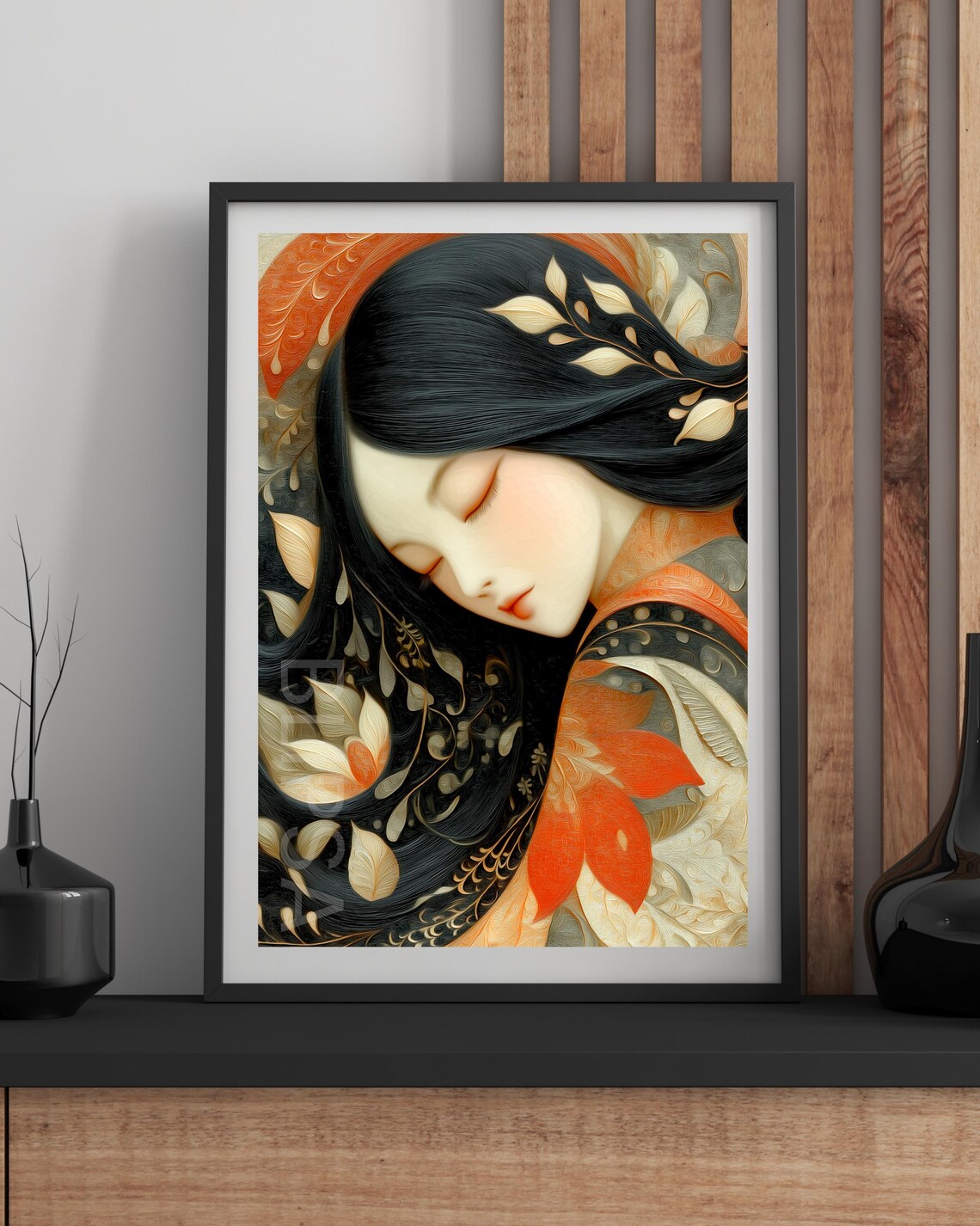 Asian Inspired Woman Portrait with Dark Hair and Floral Poster